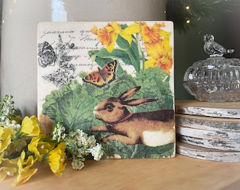 Bunny Shelf Sitter - Vintage Style Rabbits - Decoupaged Sign