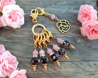 5-Piece "Majestic Rose" Deluxe Crochet Stitch Marker Set--23mm Clasps -- Lampwork Glass Beads -- Optional Extras to Add