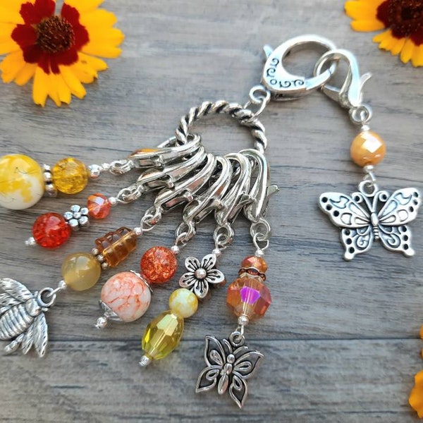OOAK! 6-Piece "Colors of Summer" Deluxe Stitch Marker Set--23mm Lobster Clasps--Matching Placeholder Charm--One of A Kind--Unique