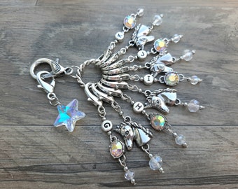 9-Piece "Mystical Unicorn" Hook Size Reminder & Stitch Marker Set--US Sizes G-K--23mm Lobster Clasps--Optional Extras to Add!