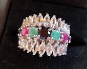 Stunning Sterling Silver Ring with Navette Crystals, Garnet, Jade Obsidian stones size 7 Signed 925 Thailand