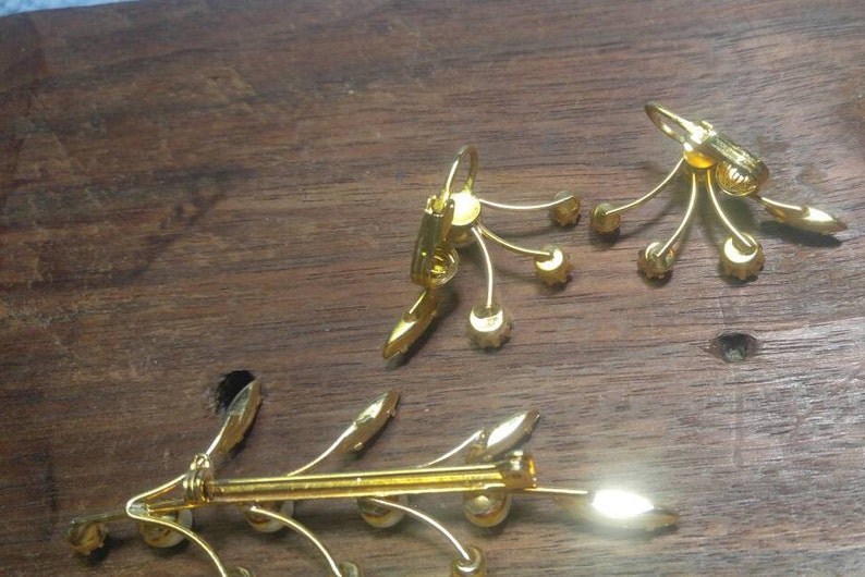 Sale Unusual Design! was 32.00 Vintage Rhinestone Goldtone Demi Parure~ Brooch /& Clip Earrings