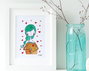 Schwanger, Mutterschaft, Mutter Tochter, Mutter Sohn, Mutter Kind, Druck, Portrait, Illustration, Wandkunst, Zeichnung