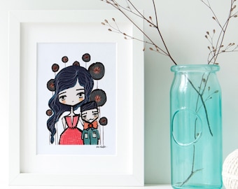 Mutter und Sohn, Mutterschaft, Mutter Sohn, Mutter Kind, Druck, Portrait, Illustration, Wandkunst, Zeichnung