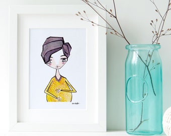 Schwanger, Mutterschaft, Mutter Tochter, Mutter Sohn, Mutter Kind, Druck, Portrait, Illustration, Wandkunst, Zeichnung