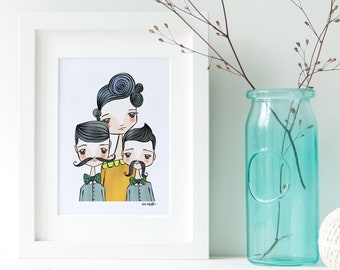 Mutter und Söhne, Mutterschaft, Mutter Tochter, Mutter Kind, Druck, Portrait, Illustration, Wandkunst, Zeichnung