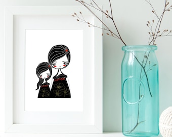 Mother and Daughter, Celebrating Motherhood, Mother Daughter, Mother Child, Print, Portrait, Illustration, Wall Art, Drawing