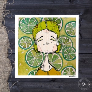 May include: A digital illustration of a person with green hair and a yellow shirt, surrounded by green lime slices. The background is a watercolor wash of green and yellow.
