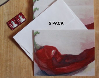Red Hot Chili Pepper Note Cards Hostess Gift Thank You Watercolor Card Set Meal Invitations Kitchen Recipe Swap Food Vegetable Art Notecards