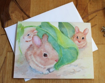 Woodland Rabbit Card Baby Bunny Note Cards Wildlife Invitation Forest Animal Watercolor Notecard Nature Stationery Thank You Greeting