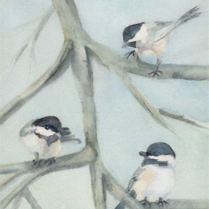 Watercolor of 3 chickadees on deciduous tree branches in winter.  The background is painted in neutral blue and green grays.  The birds are black and white with a touch of light yellow.  The layout is vertical.  The paper is textured, cotton rag.