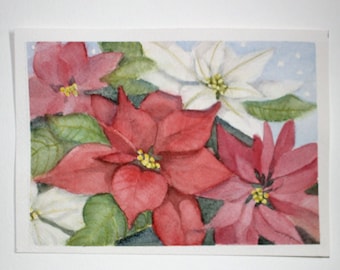 Poinsettia Watercolor Christmas Star Flower Original Painting Floral Botanical Wall Art Farmhouse Cottage Decor Mexican Flame Leaf Picture