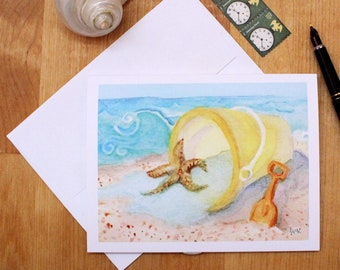 Note Card Beach Bucket with Starfish Watercolor Sand Pail Summer Thank You cards Seashore Party Invitation Seaside Mail Shore Life Notecard