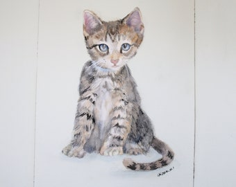 Cute Tabby Kitten Watercolor Painting unframed