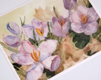 Crocus Picture Spring Flowers Watercolor Print Purple Crocuses Springtime Flower Painting Home Office Wall Decor Gift for Her unframed