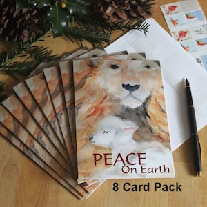 Christmas Cards Lion and Lamb Watercolor Holiday Greeting Card Set Religious Christian Greetings Peace on Earth Happy New Year Animal Lover