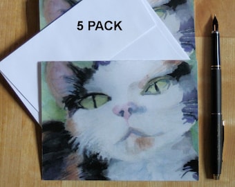 Calico Cat Note Cards Feline Face Watercolor Stationery Kitty Lover Pet Sitter Veterinarian Thank You Birthday Greeting Card Set Tabby
