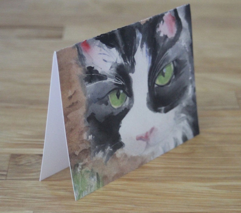 Tuxedo Cat Watercolor Note Cards Black and White Feline Notecards Halloween Invitations Thank You Birthday All Occasion Greeting Card image 3