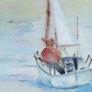 May include: A watercolor painting of a sailboat with a single person on board. The sailboat is white with a white sail and a brown mast. The person is wearing a red shirt and is sitting in the boat. The water is a light blue color and the sky is a light gray color.