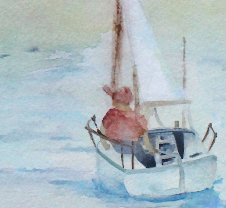 May include: A watercolor painting of a sailboat with a single person on board. The sailboat is white with a white sail and a brown mast. The person is wearing a red shirt and is sitting in the boat. The water is a light blue color and the sky is a light gray color.