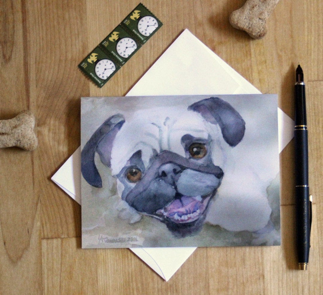 Pug Watercolor Art Note Card Blank Dog Stationery Greeting - Etsy