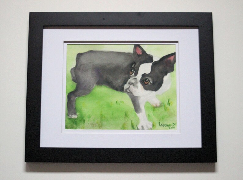 May include: Watercolor painting of a black and white Boston Terrier puppy looking at the viewer. The puppy is standing on a green grassy background.