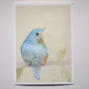 K&ouml;nnte beinhalten: Ein Aquarellbild eines blauen Vogels, der auf einem Ast mit gr&uuml;nen Bl&auml;ttern sitzt. Der Vogel ist nach rechts gewandt und hat einen hellblauen K&ouml;rper mit einem dunkelblauen Kopf und Schwanz. Der Hintergrund ist hellgelb.