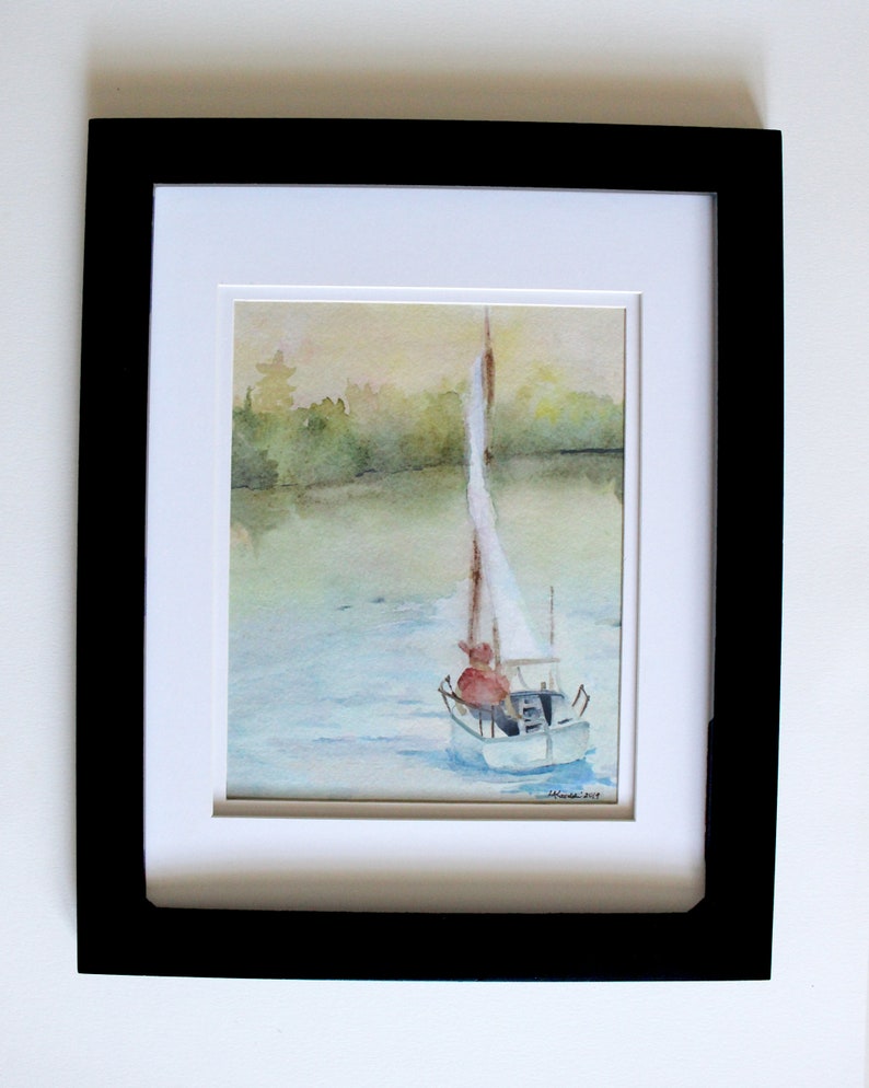 May include: A watercolor painting of a sailboat on a lake with a person in a red shirt at the helm. The background is a soft green and yellow.