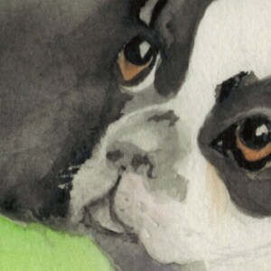 May include: A watercolor painting of a dog's face. The dog has black and white fur, with brown eyes. The dog's nose is pink and its mouth is slightly open.