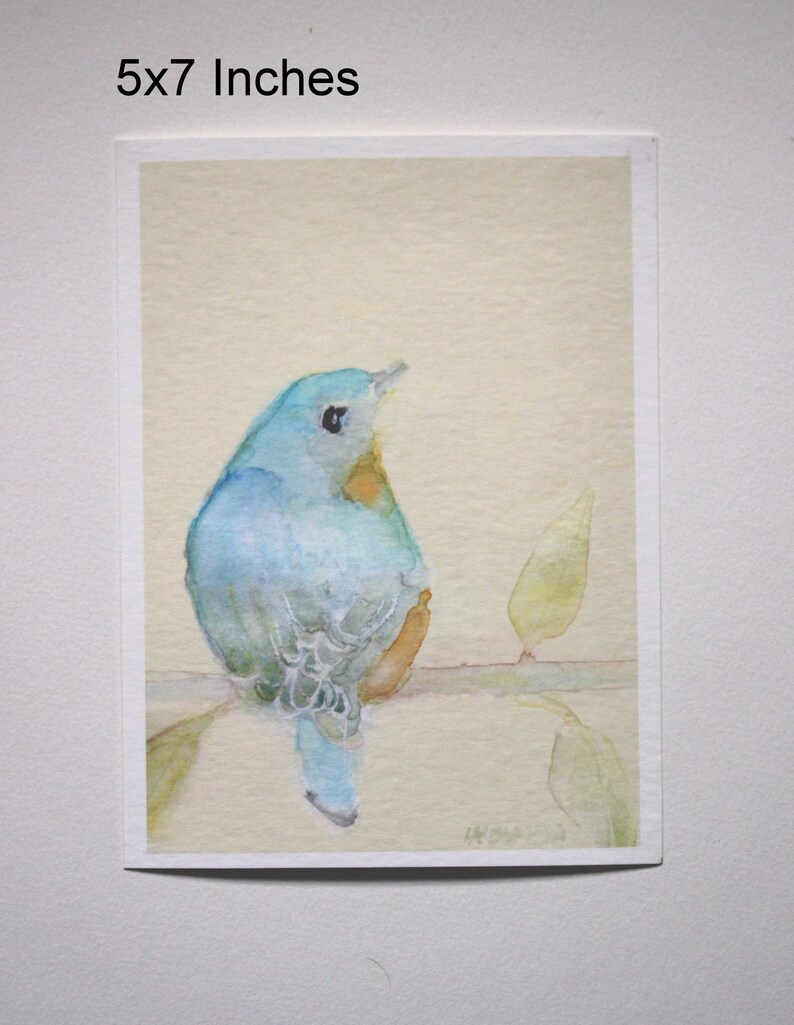 K&ouml;nnte beinhalten: Ein Aquarellbild eines blauen Vogels, der auf einem Zweig mit gr&uuml;nen Bl&auml;ttern sitzt. Der Vogel ist nach rechts gewandt und hat einen hellblauen K&ouml;rper mit einem dunkelblauen Kopf und einem gelben Schnabel. Der Hintergrund ist hellgelb.