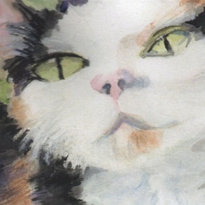 May include: A watercolor painting of a cat's face. The cat has white fur with black and brown markings. The cat's eyes are green and the nose is pink.