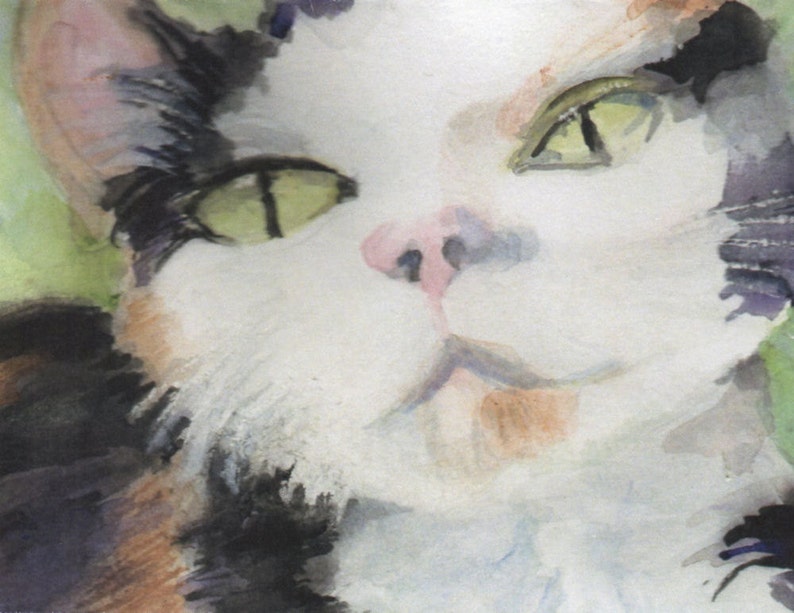 May include: A watercolor painting of a cat's face. The cat has white fur with black and brown markings. The cat's eyes are green and the nose is pink.
