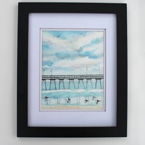 Beach Art Watercolor Ocean Print Fishing Pier and Seagulls Painting Coastal Picture Sea Birds Artwork Sunset Beach North Carolina unframed image 4