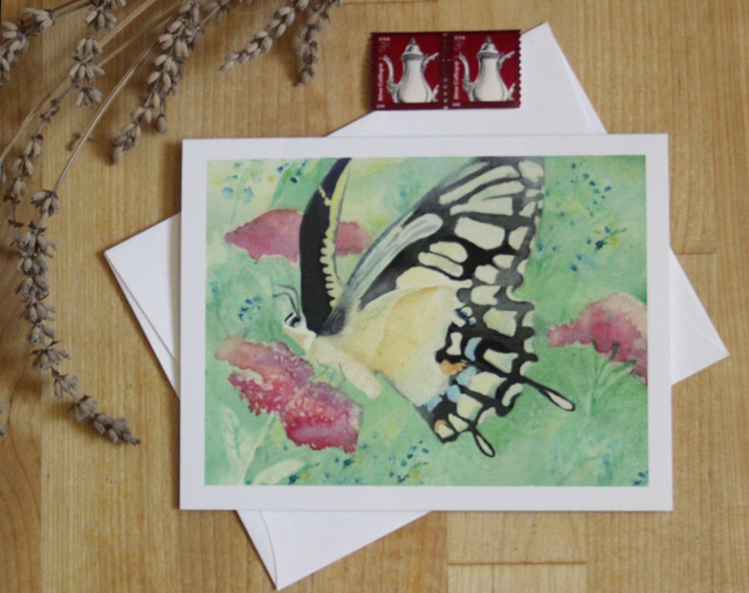Butterfly Watercolor Note Card Yellow Giant Swallowtail and Wildflowers ...