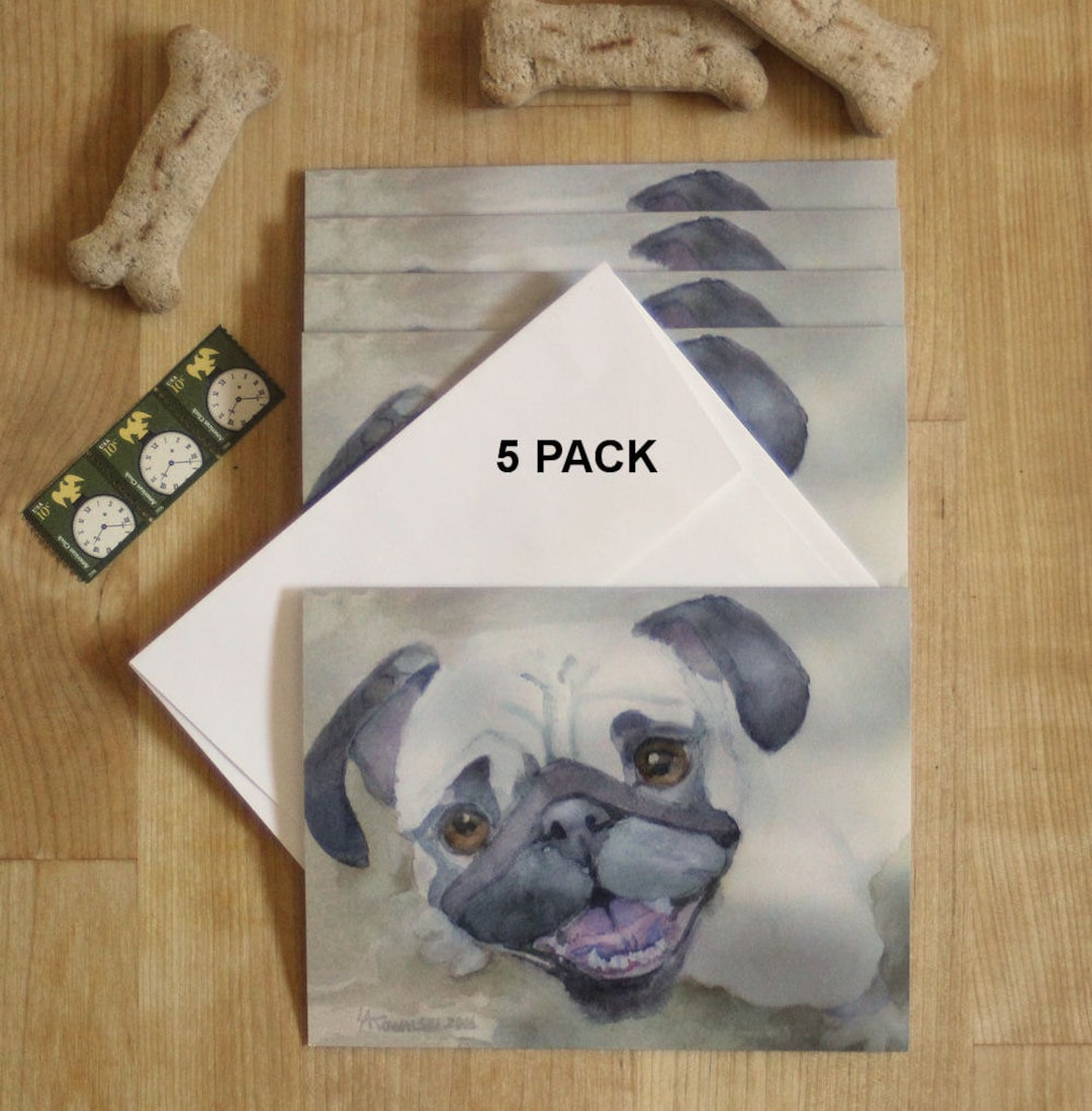 Pug Watercolor Note Card Set, Dog Greeting Cards (5 Pack) - Etsy