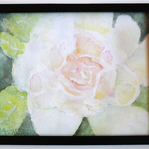 Photo provided to help you visualize the potential of this image in a frame.  Frame not included.  A watercolor fine art print of a white rose flower accented with pinks and peach. The flower is surrounded by green leaves. The painting is signed 'L. A. Kowalski' in the bottom left corner. Horizontal format, 16x20 Inch size on textured fine art paper.