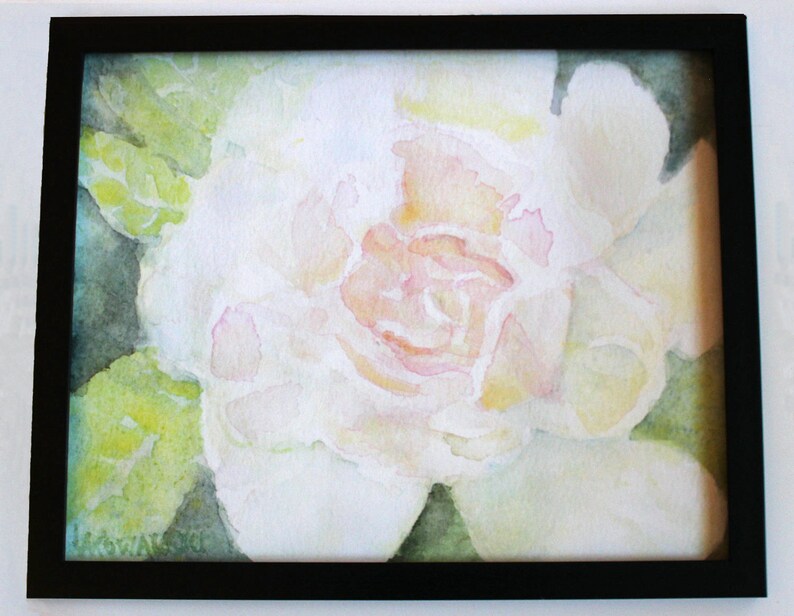 Photo provided to help you visualize the potential of this image in a frame.  Frame not included.  A watercolor fine art print of a white rose flower accented with pinks and peach. The flower is surrounded by green leaves. The painting is signed 'L. A. Kowalski' in the bottom left corner. Horizontal format, 16x20 Inch size on textured fine art paper.