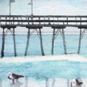 Beach Art Watercolor Ocean Print Fishing Pier and Seagulls Painting Coastal Picture Sea Birds Artwork Sunset Beach North Carolina unframed image 3