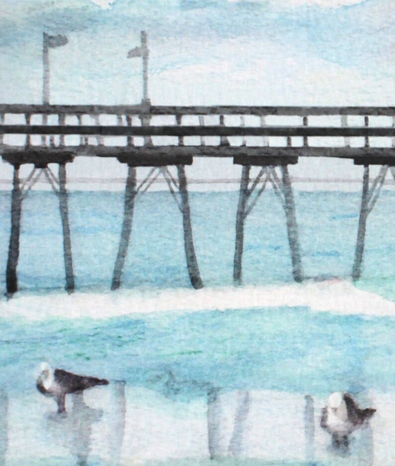 Beach Art Watercolor Ocean Print Fishing Pier and Seagulls Painting Coastal Picture Sea Birds Artwork Sunset Beach North Carolina unframed image 3