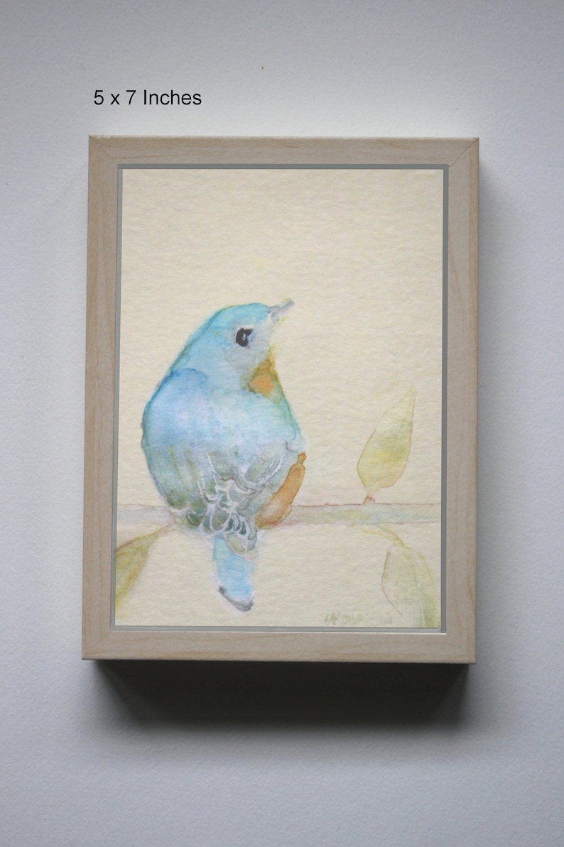 K&ouml;nnte beinhalten: Ein gerahmtes Aquarellbild eines blauen Vogels, der auf einem Ast sitzt. Der Vogel schaut nach rechts und hat eine gelbe Brust. Der Hintergrund ist hellgelb.