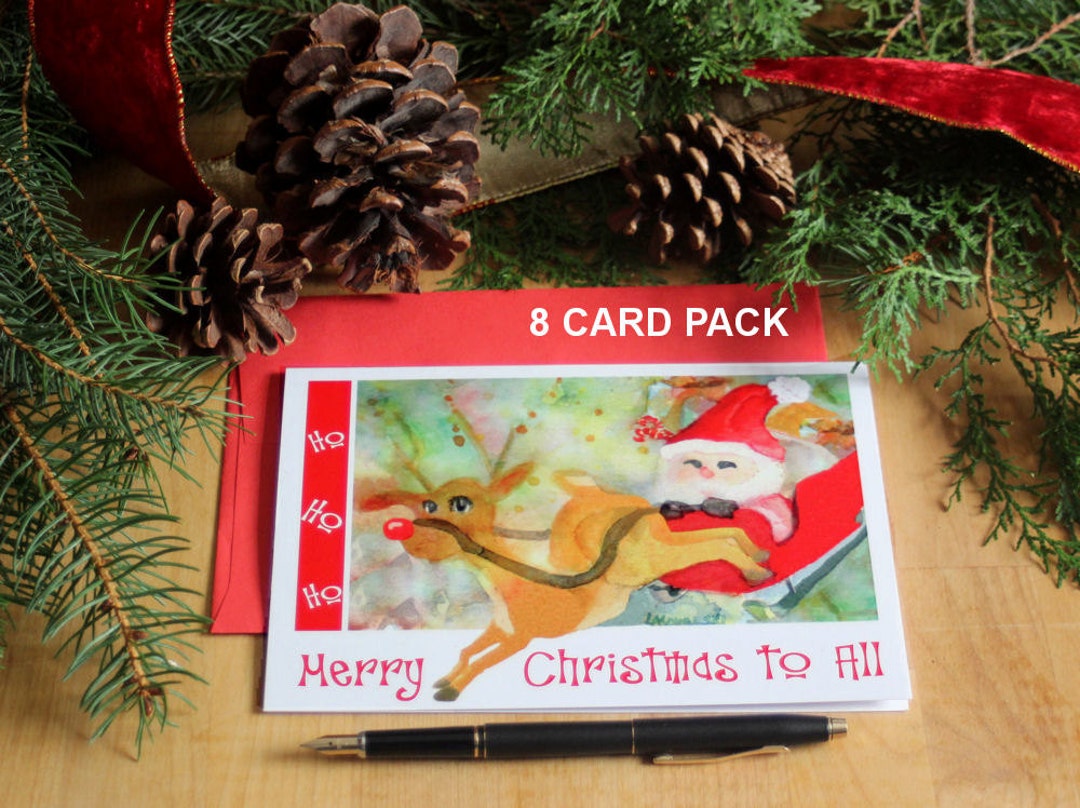 Santa Claus Christmas Cards Cute Saint Nick Rudolph and Sleigh - Etsy