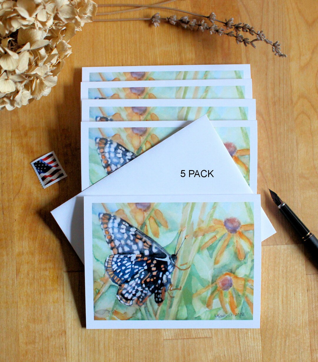 Baltimore Checkerspot Butterfly Note Cards Floral Watercolor Stationery ...