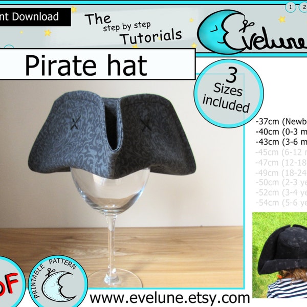 Pirate hat PDF pattern , English , 3 sizes included , tricorn hat , pirate costume , halloween pirate costume , jack and neverland pirates