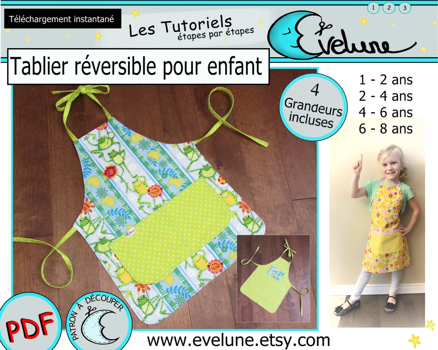 Tablier Réversible Pour Enfant PDF / Patron Français / 4 Grandeurs