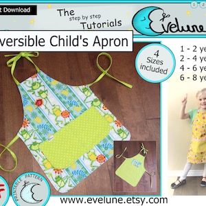 Puede incluir: Delantal reversible para niños con un estampado de ranas y flores, con un bolsillo verde. El delantal tiene lazos verdes y está disponible en cuatro tallas. La imagen incluye el texto "Reversible Child's Apron" y "Instant Download".