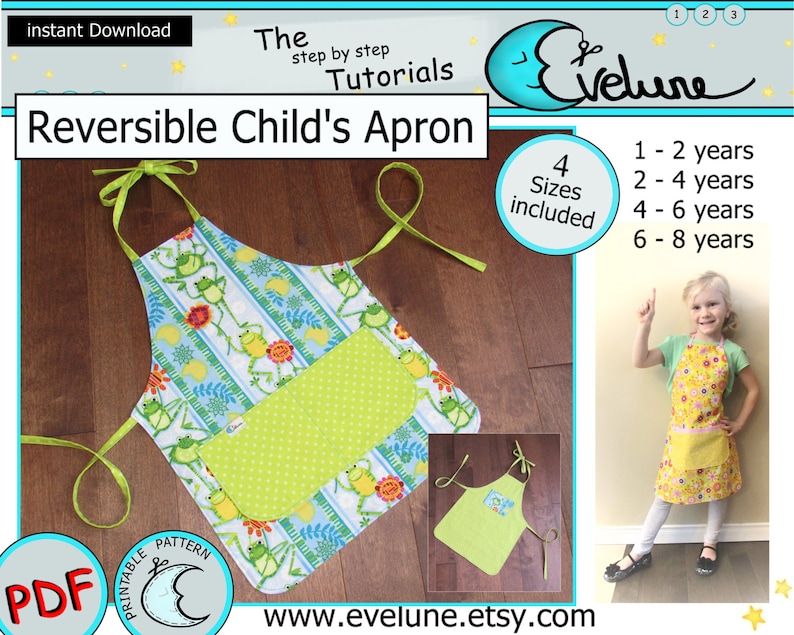 May include: A reversible child's apron with a frog and floral pattern, featuring a green pocket. The apron has green ties and is available in four sizes. The image includes the text "Reversible Child's Apron" and "Instant Download".