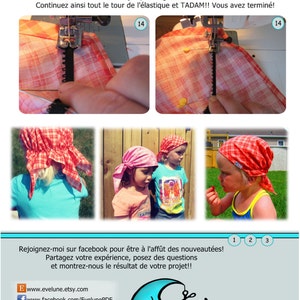 K&ouml;nnte beinhalten: Eine N&auml;hmaschine, die rot-wei&szlig; karierten Stoff mit schwarzem Gummiband n&auml;ht. Drei Kinder mit bunten Kopft&uuml;chern. Der Text enth&auml;lt "Pour finir..." und "Rejoignez-moi sur facebook..." mit den Etsy- und Facebook-Logos.