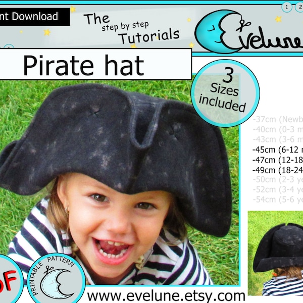 Pirate hat PDF pattern , English , 3 sizes included , tricorn hat , pirate costume , halloween pirate costume , jack and neverland pirates