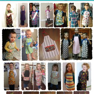 May include: A collage of children wearing various aprons. The aprons feature diverse patterns, including stripes, polka dots, and themed designs. The image includes the text "Tested & Approved!" at the top, and the brand name "Evelune".
