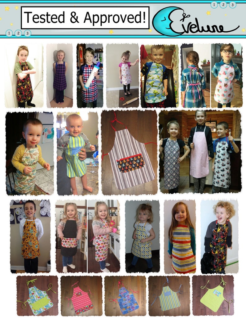 May include: A collage of children wearing various aprons. The aprons feature diverse patterns, including stripes, polka dots, and themed designs. The image includes the text "Tested & Approved!" at the top, and the brand name "Evelune".